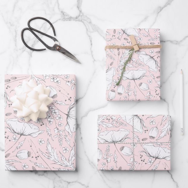 Hand-drawn Wildflowers Pencil Sketch Pattern Pink  Wrapping Paper Sheet (Front)