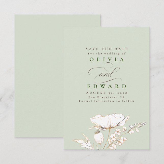 Hand-drawn Wildflowers Sage Green Save the Date (Front/Back)