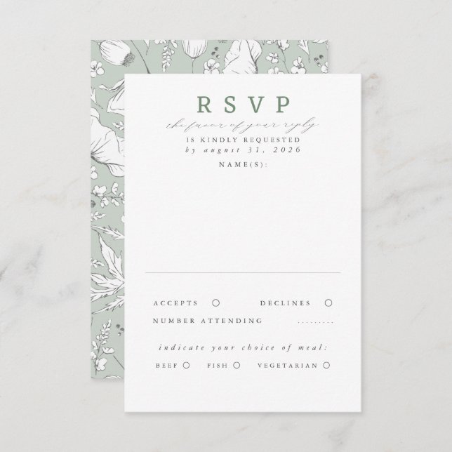 Hand-drawn Wildflowers Sage Green Wedding RSVP (Front/Back)
