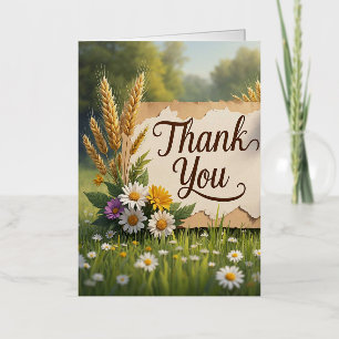 Hand drawn wildflowers, wheat stalks, butterflies foil greeting card