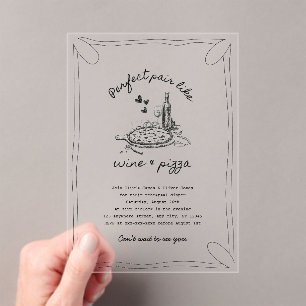 Hand drawn wine and pizza acrylic rehearsal dinner invitations