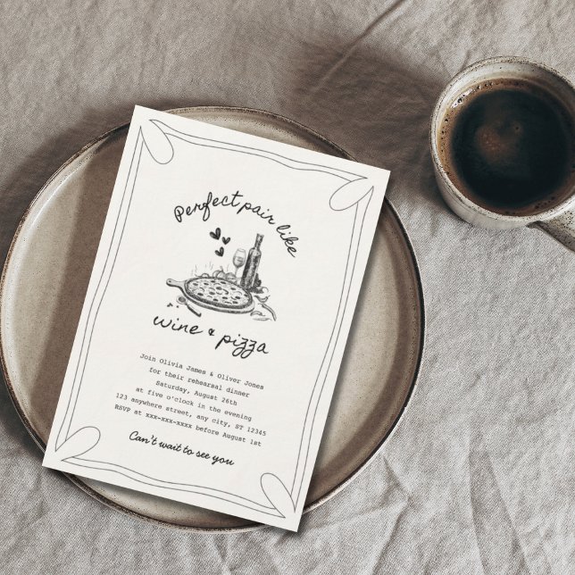 Hand drawn wine and pizza rehearsal dinner invitation (Creator Uploaded)