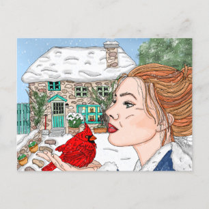 Hand drawn Winter Day, English Cottage Postcard