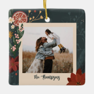 Hand-drawn Winter Florals & Oranges Photo Ceramic Ornament