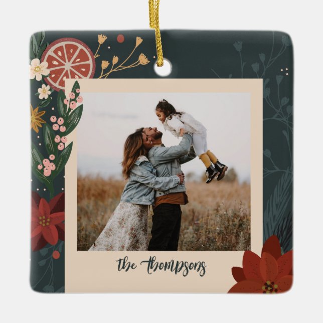 Hand-drawn Winter Florals & Oranges Photo Ceramic Ornament (Front)