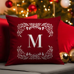 Hand Drawn Winter Foliage Monogram Christmas Throw Pillow<br><div class="desc">This monogram Christmas throw pillow features hand drawn white winter foliage that frames the monogram. The monogram and frame appear in white on a dark red background.</div>