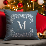 Hand Drawn Winter Foliage Monogram Christmas Throw Pillow<br><div class="desc">This monogram Christmas throw pillow features hand drawn white winter foliage that frames the monogram. The monogram appears in white on a dark dusty blue background.</div>