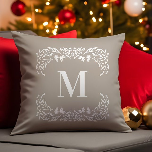 Hand Drawn Winter Foliage Monogram Christmas Throw Pillow (Creator Uploaded)