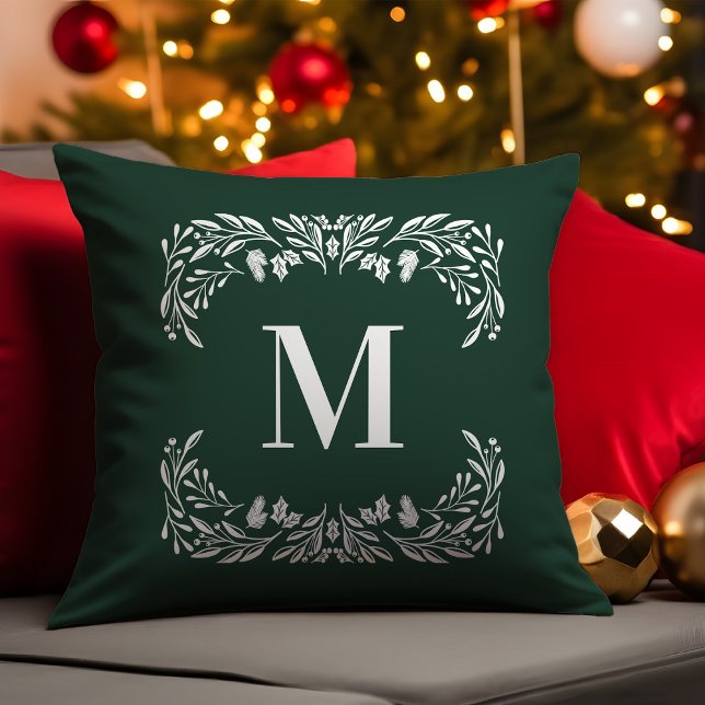 Hand Drawn Winter Foliage Monogram Christmas Throw Pillow (Creator Uploaded)