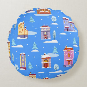 Hand drawn winter seamless pattern with cute Scand Round Pillow