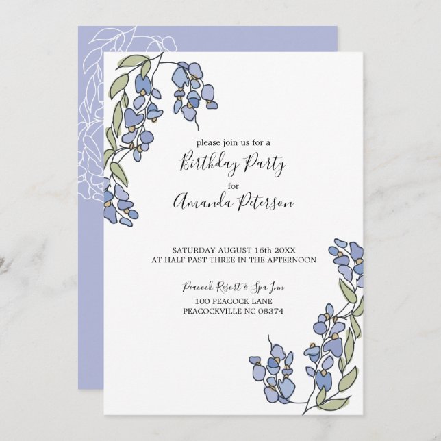 Hand Drawn Wisteria Floral Birthday Invitations (Front/Back)