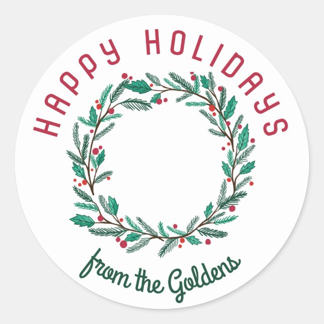 Hand Drawn Wreath CUSTOM Holiday Christmas  Classic Round Sticker (Front)