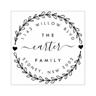 Hand Drawn Wreath Family Name Return Address Rubber Stamp