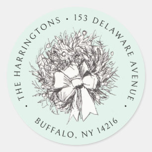 Hand-Drawn Wreath Green Christmas Return Address  Classic Round Sticker