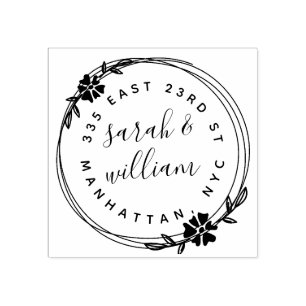 Hand Drawn Wreath Married Couple Return Address Rubber Stamp