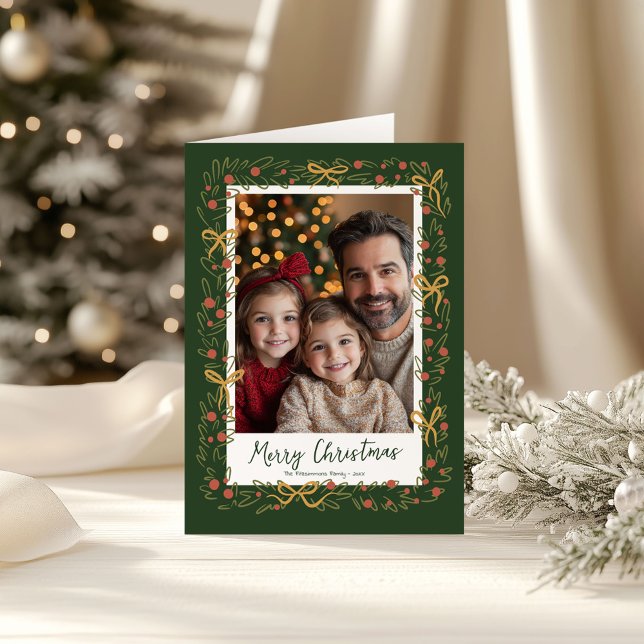 Hand Drawn Wreath & Preppy Bows Photo  Card (Whimsical Christmas Wreath holiday family photo folded card)