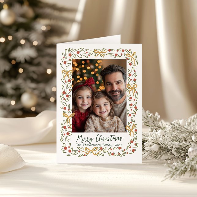Hand Drawn Wreath & Preppy Bows Photo  Card (Whimsical Christmas Wreath holiday family photo folded card)