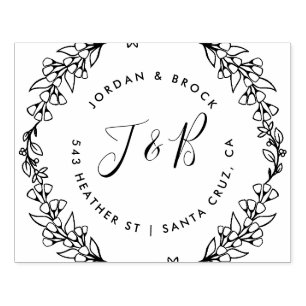 Hand Drawn Wreath Wedding Initials Return Address Rubber Stamp