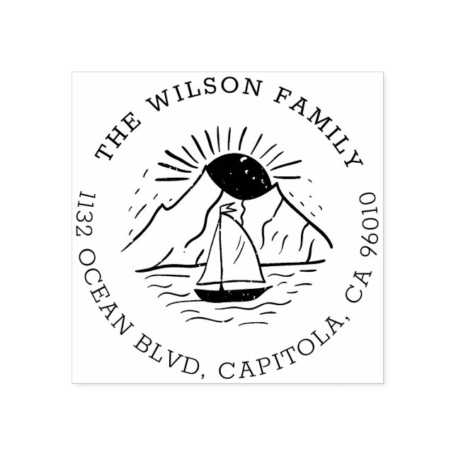 Hand Drawn Yacht Sailing Family Return Address Rubber Stamp (Imprint)