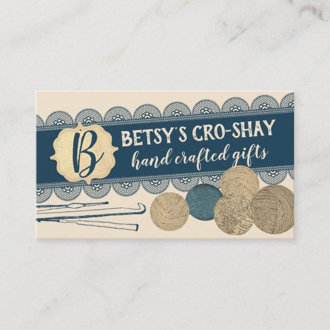 Hand drawn yarn crochet hooks shabby lace crafts business card (Front)