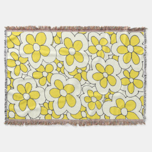 Hand Drawn Yellow and Cream Flower Design Throw Blanket