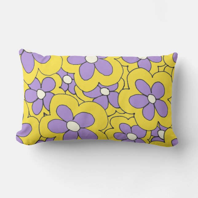 Hand Drawn Yellow and Purple Flower Design Lumbar Pillow (Front)