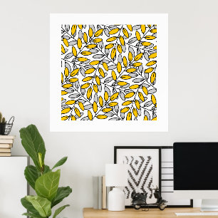 Hand Drawn Yellow Grey Leaves Pattern Poster