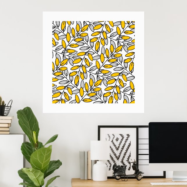 Hand Drawn Yellow Grey Leaves Pattern Poster (Home Office)