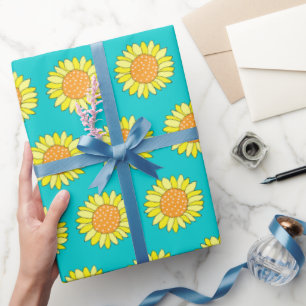 Hand Drawn Yellow Orange Aqua Sunflower Pattern Wrapping Paper