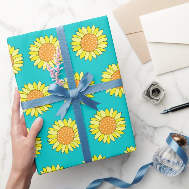 Hand Drawn Yellow Orange Aqua Sunflower Pattern  Wrapping Paper (Gifting)