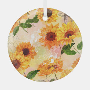 Hand-Drawn Yellow Sunflowers Watercolor Pattern Glass Ornament
