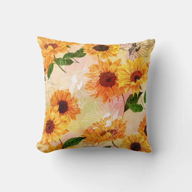 Hand-Drawn Yellow Sunflowers Watercolor Pattern Throw Pillow (Front)