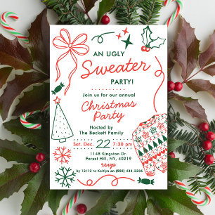Hand Drwan Christmas Doodles Ugly Sweater Party Invitation
