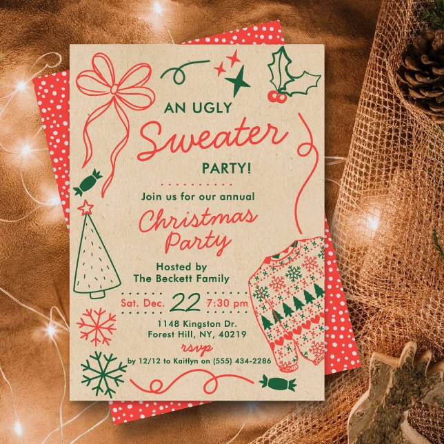 Hand Drwan Christmas Doodles Ugly Sweater Party Invitation (Creator Uploaded)