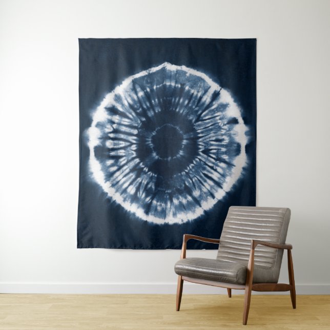 Hand-dyed indigo blue shibori circle tapestry (In Situ)