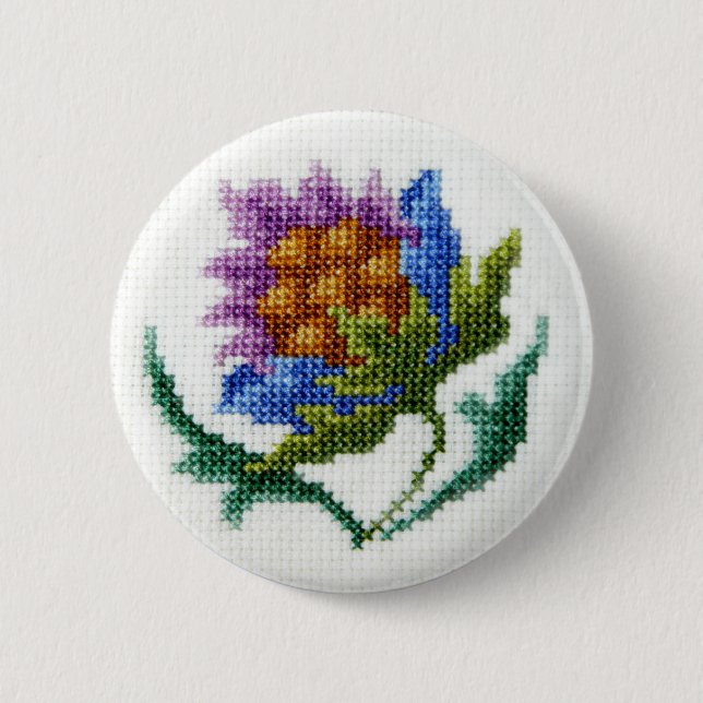 Hand embroidered bright flower 2 inch round button (Front)