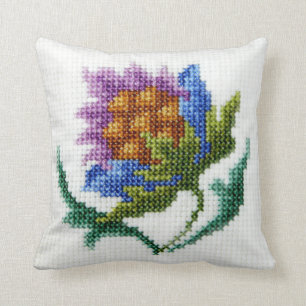 Hand embroidered bright flower throw pillow