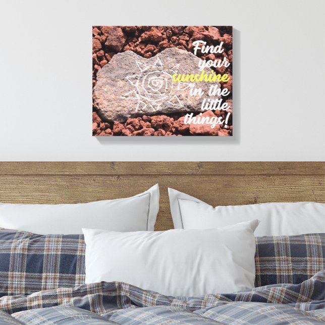 Hand Etched Sun Petroglyph On Lava Rock Canvas Print (Insitu(Bedroom))
