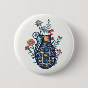 Hand Grenade Vase of Flowers 2 Inch Round Button