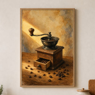 Hand Grinder & Coffee Beans Watercolour Poster