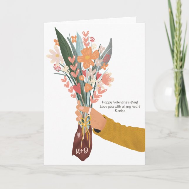 Hand holding floral bouquet Valentine 2 photos Card (Front)