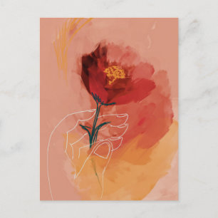 Hand holding flower watercolor and line sketch postcard