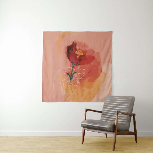 Hand holding flower watercolor and line sketch tapestry (In Situ)