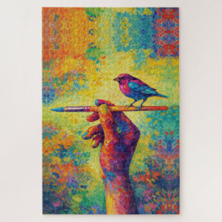 Hand Holding Paintbrush with Bird Creative Jigsaw Puzzle