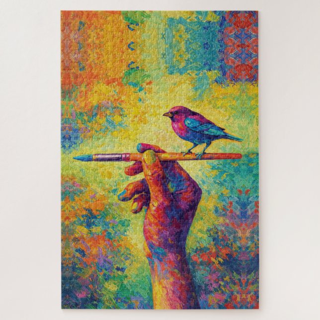 Hand Holding Paintbrush with Bird Creative Jigsaw Puzzle (Vertical)