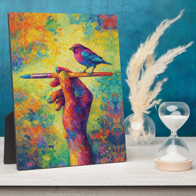 Hand Holding Paintbrush with Bird Creative Plaque (Side)