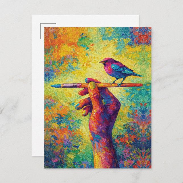 Hand Holding Paintbrush with Bird Creative Postcard (Front/Back)