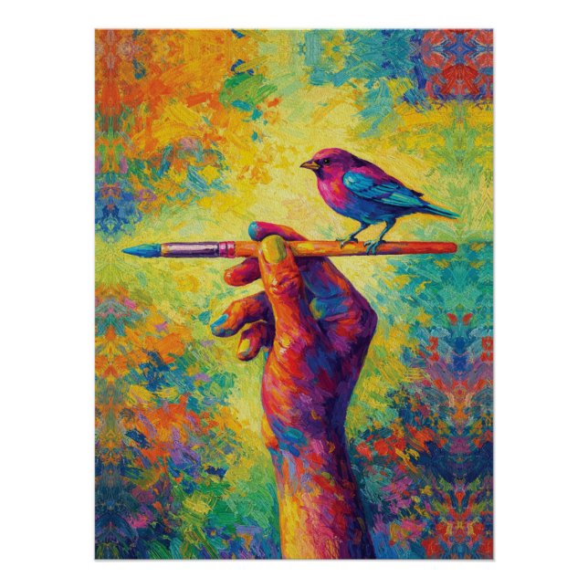 Hand Holding Paintbrush with Bird Creative Poster (Front)