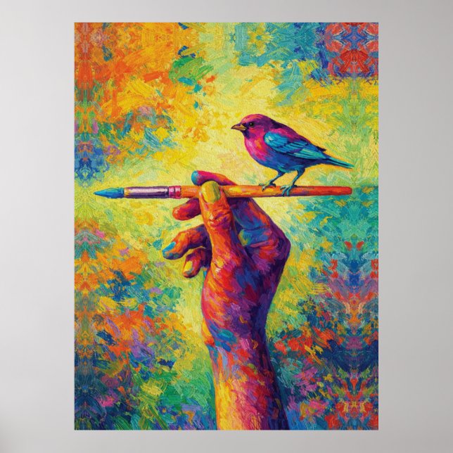 Hand Holding Paintbrush with Bird Creative Poster (Front)