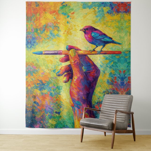 Hand Holding Paintbrush with Bird Creative Tapestry (In Situ)